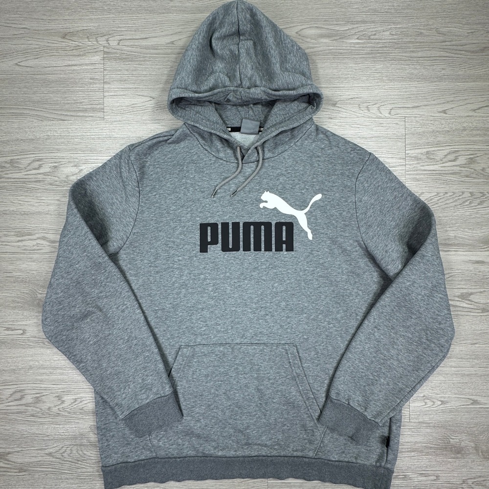 Puma Men's Hoodie Essentials‎ Big Logo Pullover Gray XL Fleece Kangaroo Pocket
